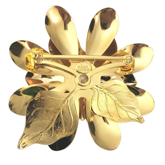 Joan Rivers Gold Tone Peach, Green Enamel Faux Pearl Flower Brooch, Signed M55 - Picture 7 of 10